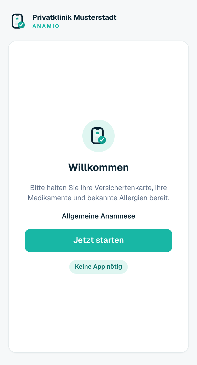 Startbildschirm der digitalen Patientenaufnahme am Smartphone